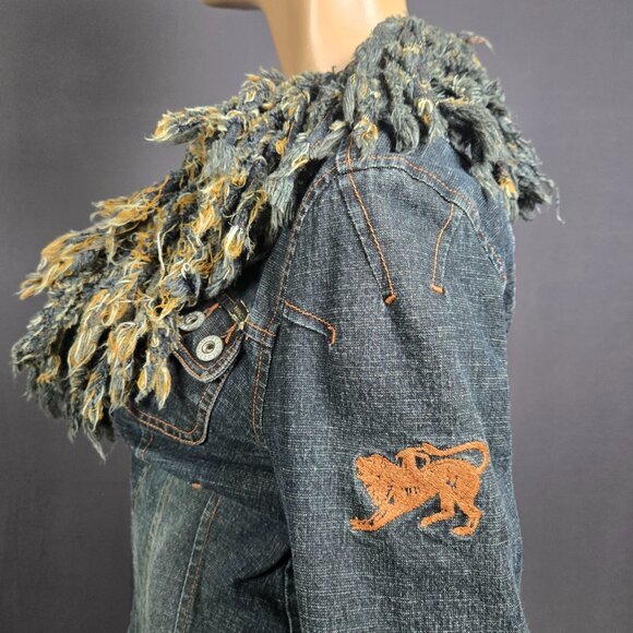 Vintage Y2K Parasuco Fringed Denim Jean Jacket Size M Boho Grunge Zip Up - Picture 7 of 11